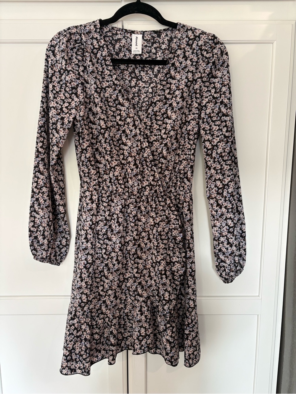 Abound Black Long-Sleeve Floral Wrap Dress with Pink Blossoms